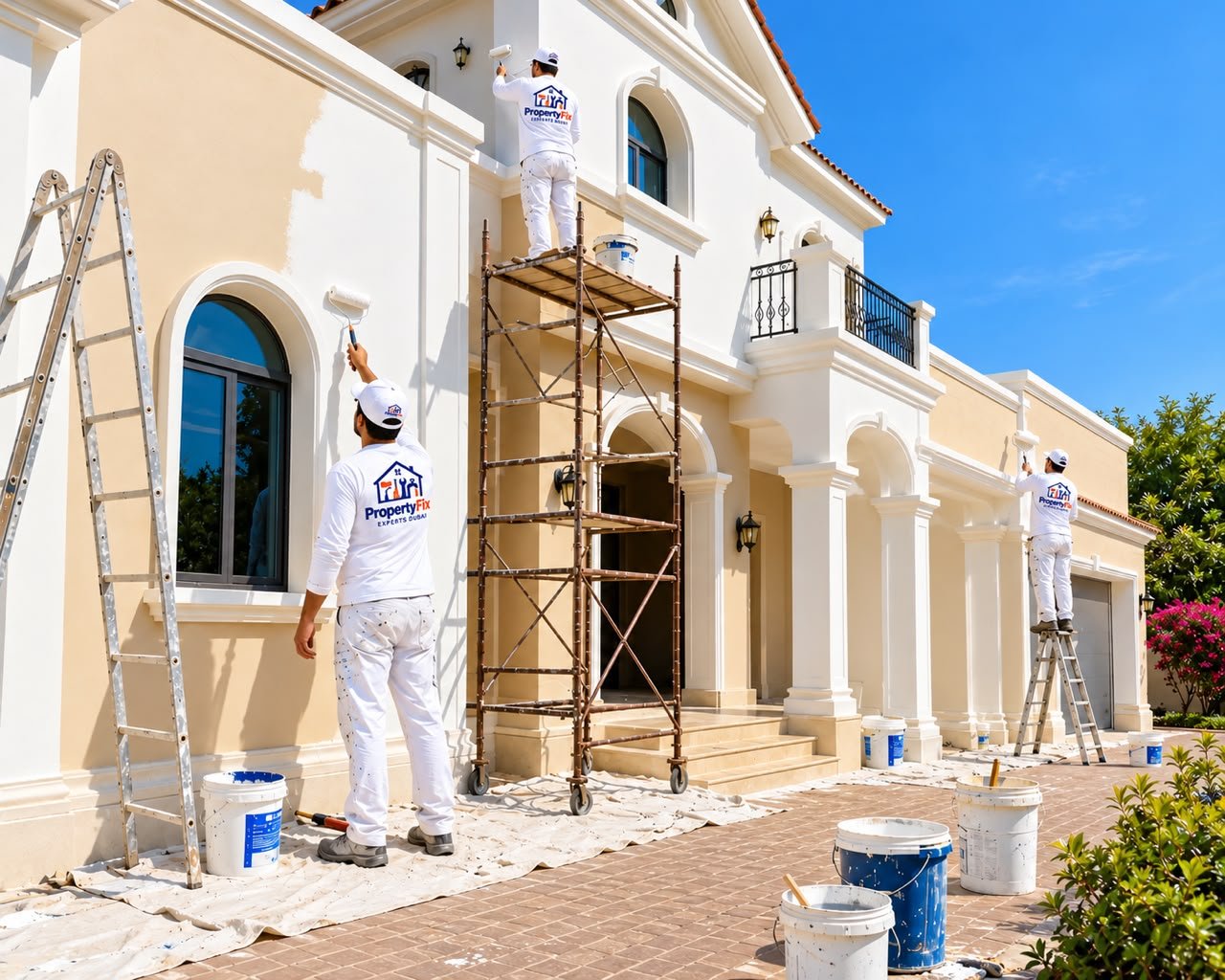 Painter applying fresh paint to a villa exterior