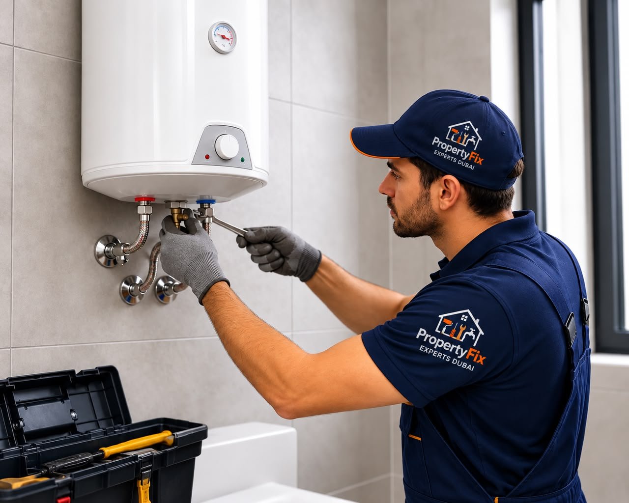 Technician servicing a home water heater