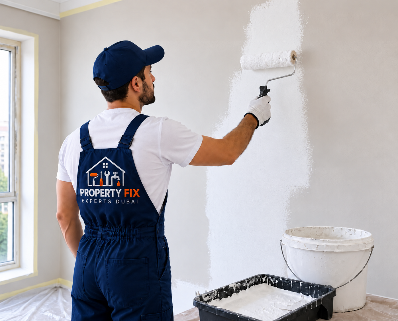 Painter rolling a wall during an apartment repaint, wearing the Property Fix Experts Dubai uniform